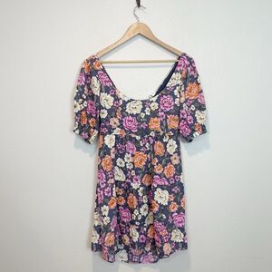 Kivari Linen Grey Floral Knot Open Back Mini Dress Resortwear Boho Size 10